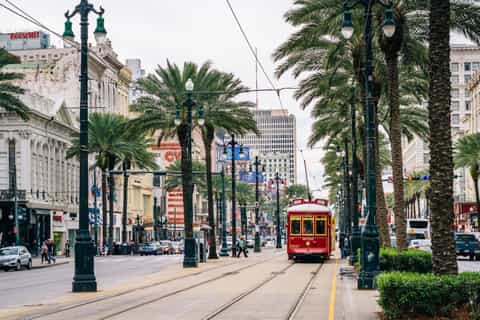 Historic street with palm trees, Victorian buildings, and red cable car
