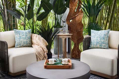 Tropical lounge area with cream armchairs, blue patterned pillows, and botanical decor