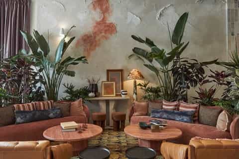 Luxury lounge with coral velvet seating, potted plants, and textured wall art