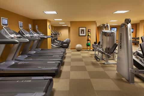 Full-service gym with multiple treadmills, ellipticals, and strength training equipment in warm-toned room
