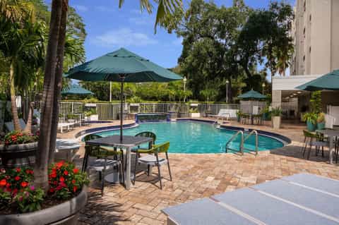 Tropical resort pool surrounded by palm trees, umbrellas, lounge chairs, and waterfront views