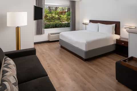 Contemporary hotel room with queen bed, seating area, wood flooring, and garden view window