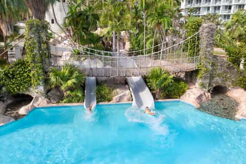 Water park pool with dual slides, tropical vegetation, and bridge with guests