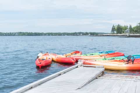 Colorful kayaks lined up at a wooden dock on calm blue water with forested shoreline