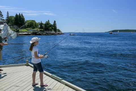 Young girl fishing from wooden dock overlooking calm blue water and forested shoreline