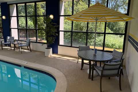Indoor pool area with striped umbrella, dining table, large windows overlooking forest