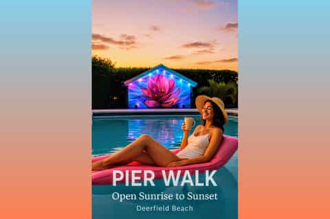 Woman poolside at sunset with glowing digital lotus flower display and forest backdrop