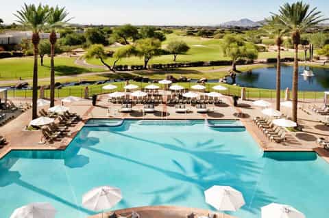 Resort pool surrounded by palm trees with desert mountain views and lounge seating