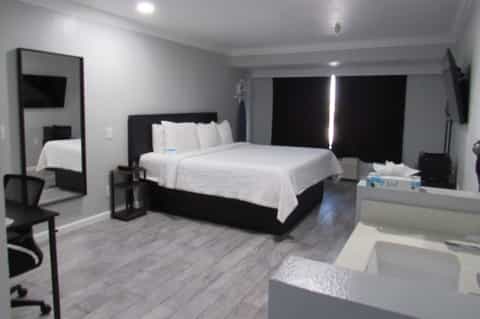 Modern hotel bedroom with king bed, black frame, gray flooring, large windows, mirror, and contemporary furnishings