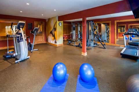Full-service fitness center with cardio equipment and exercise balls