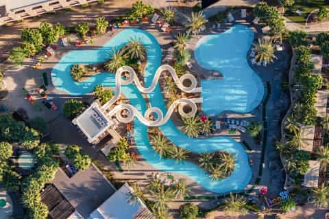 Aerial view of elaborate blue-shaped swimming pool surrounded by palm trees and lounge chairs