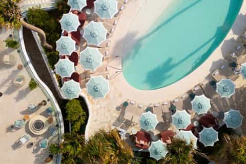 Aerial view of resort pool with turquoise water, lounge chairs, umbrellas, and palm landscaping