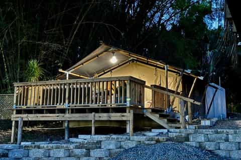 Illuminated glamping tent on elevated deck with tropical surroundings