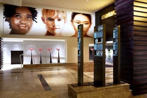 Spa reception area with illuminated portraits and display with pink flowers