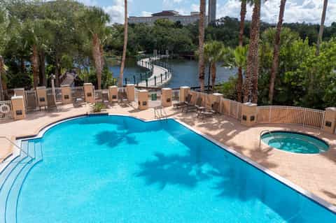 Resort pool overlooking waterway with palm trees, lounge chairs, and spa area