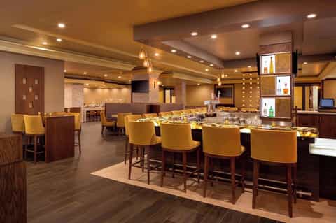 Upscale hotel bar lounge with gold chairs, wooden accents, and ambient lighting
