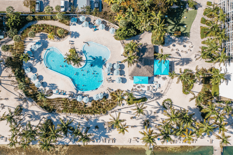 Aerial view of Mickey Mouse-shaped pool complex with loungers, palm trees, and beachfront setting