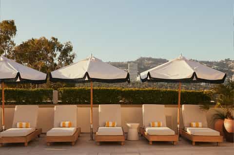 Rooftop lounge with wooden loungers, white umbrellas, hedges, and city views