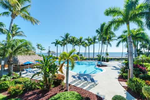Tropical resort pool with water slides, palm trees, lounge chairs, and ocean view in background