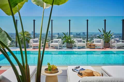 Rooftop infinity pool overlooking cityscape with lounge chairs, plants, and glass railing at sunset