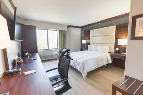 Contemporary hotel bedroom with king bed, work desk, flat-screen TV, and wood accents