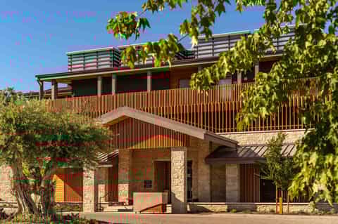 Contemporary stone and wood building with metal railings, green vines, clear blue sky