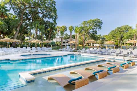 Olympic-length swimming pool with lounge chairs, thatched umbrellas, and mature trees lining the deck