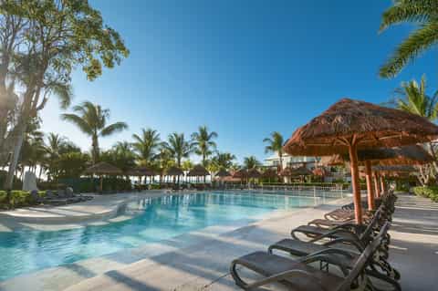 Resort pool with turquoise water, thatched umbrellas, loungers, and palm-lined waterfront