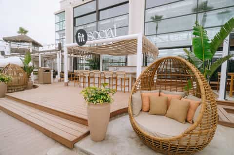 Modern beachfront social lounge with woven egg chairs, palm plants, and casual dining area