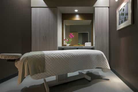 Spa treatment room with massage bed, large mirror, and dark wood cabinetry with pink flowers