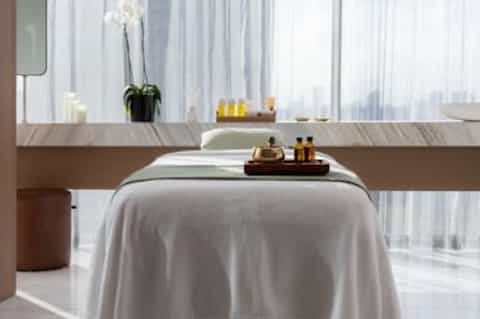 Luxury spa treatment room with massage table, floor-to-ceiling windows, natural light, and wellness products