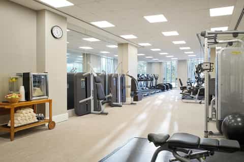 Modern fitness center with weight machines, cardio equipment, and bright natural lighting throughout