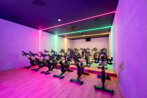 Modern fitness studio with purple neon lighting and rows of stationary spinning bikes