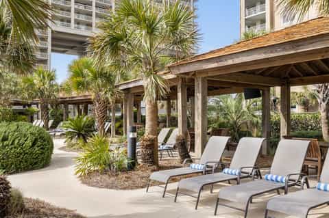 Beachfront poolside lounge area with lounge chairs, wooden pergolas, palm trees, and ocean view