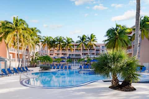 Resort pool surrounded by tropical palm trees and residential buildings with blue loungers
