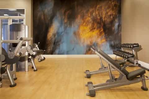 Modern fitness center with weight machines and abstract wall artwork