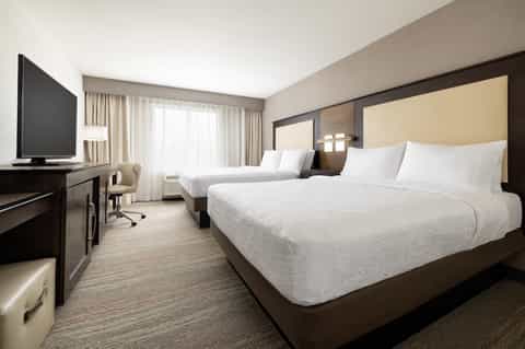 Modern hotel room with two queen beds, desk, TV, and contemporary furnishings