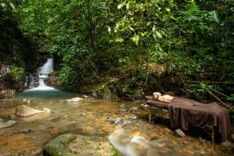 Tranquil riverside spa bed nestled in lush jungle with cascading waterfall in background