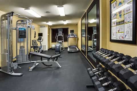 Well-equipped gym with free weights, cable machines, mirrors, and exercise posters