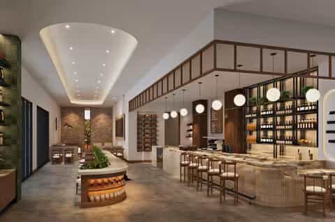 Modern spa and wellness center interior with marble bar, ambient lighting, and upscale finishes