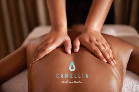 Professional spa massage hands on client's back with Camellia Alise branding