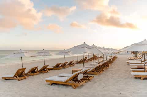 Beach setup with rows of wooden lounge chairs and white umbrella canopies along sandy shoreline