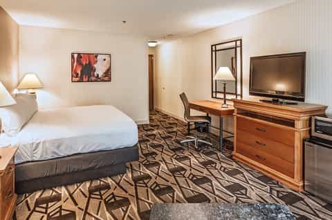 Hotel guest room with queen bed, desk, flat-screen TV, and geometric patterned carpet