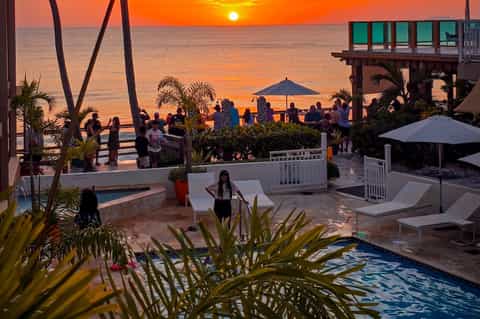 Beachfront sunset view with pool, guests dining, palm trees, and ocean horizon