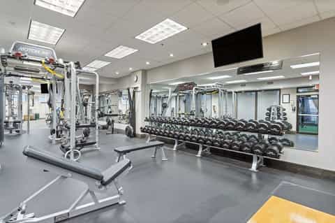 Contemporary gym with strength training equipment, dumbbells, and mirrored walls