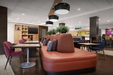 Hotel lobby lounge with contemporary furnishings and casual seating areas