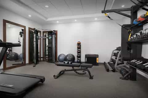 Home fitness room with treadmill, weight equipment, and resistance machines