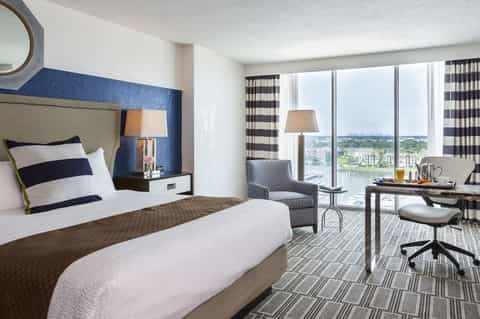 Modern hotel room with blue accent wall, waterfront views, and contemporary furnishings