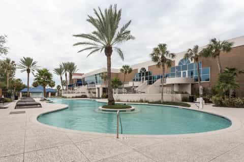 Large circular resort pool surrounded by palm trees and modern building with blue windows