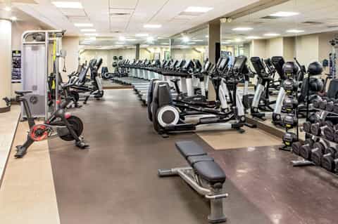 Modern fitness center with rows of stationary bikes, exercise equipment, and free weights